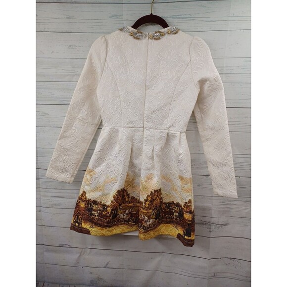 Chickwick Ivory Brocade Dress With Beaded Collar Regency Print on The Hem Sz XS - Picture 7 of 9